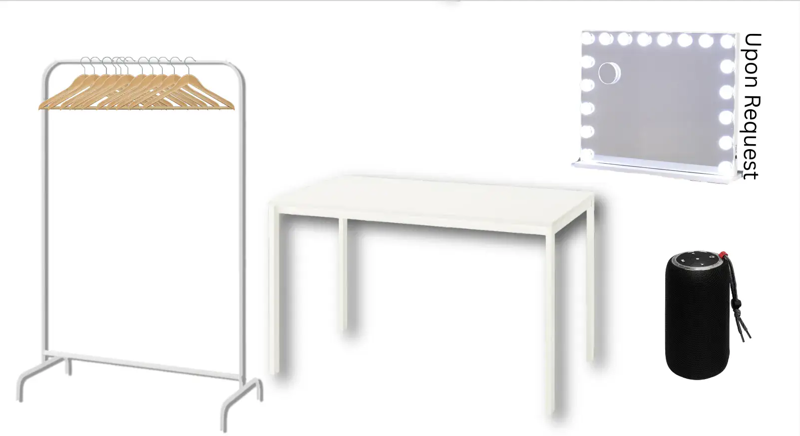 Celebration vanity mirror, clothing rack, table, speaker, and upload release note