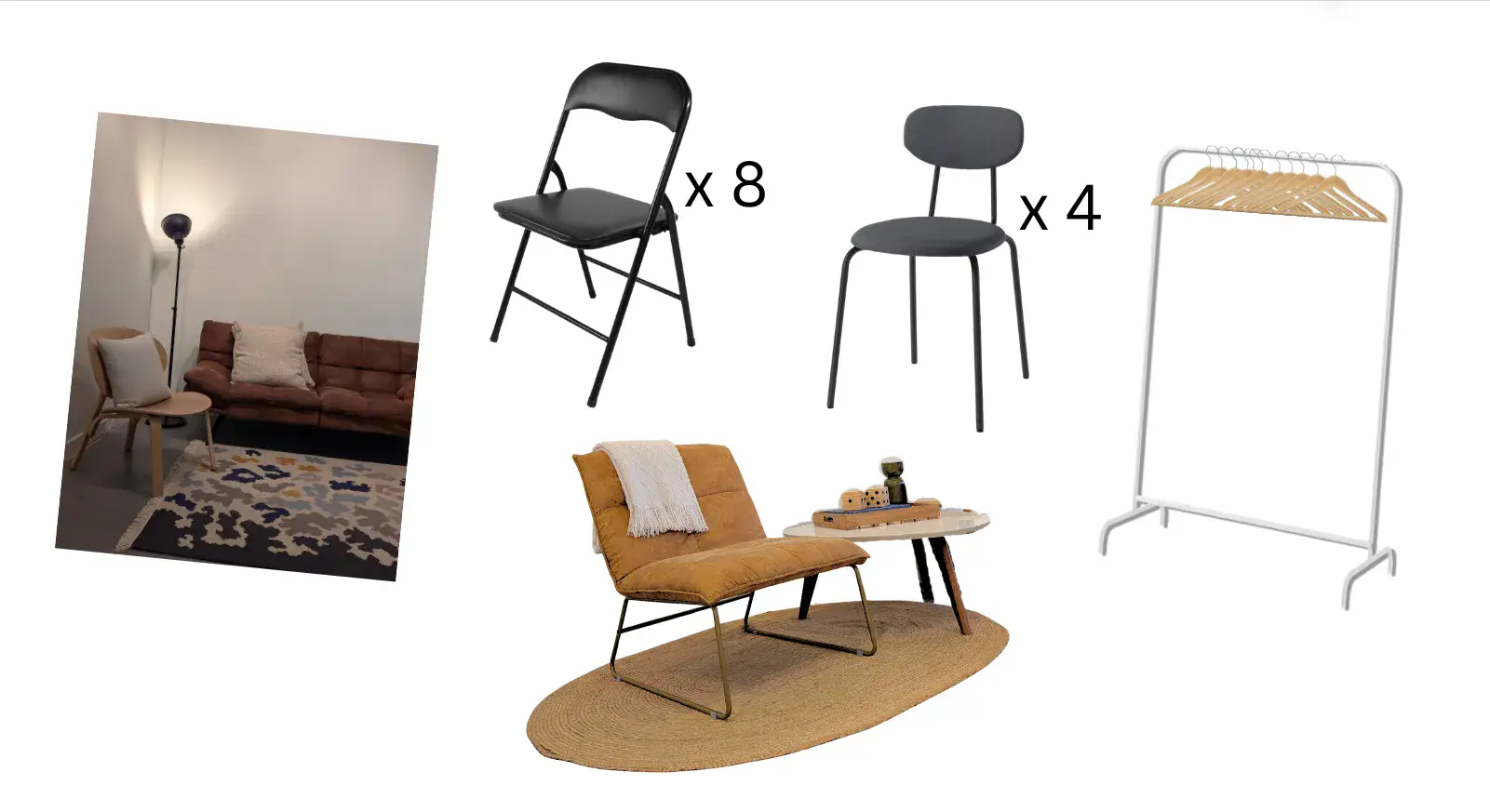 Workshop waiting area furniture, chairs, and clothing rack